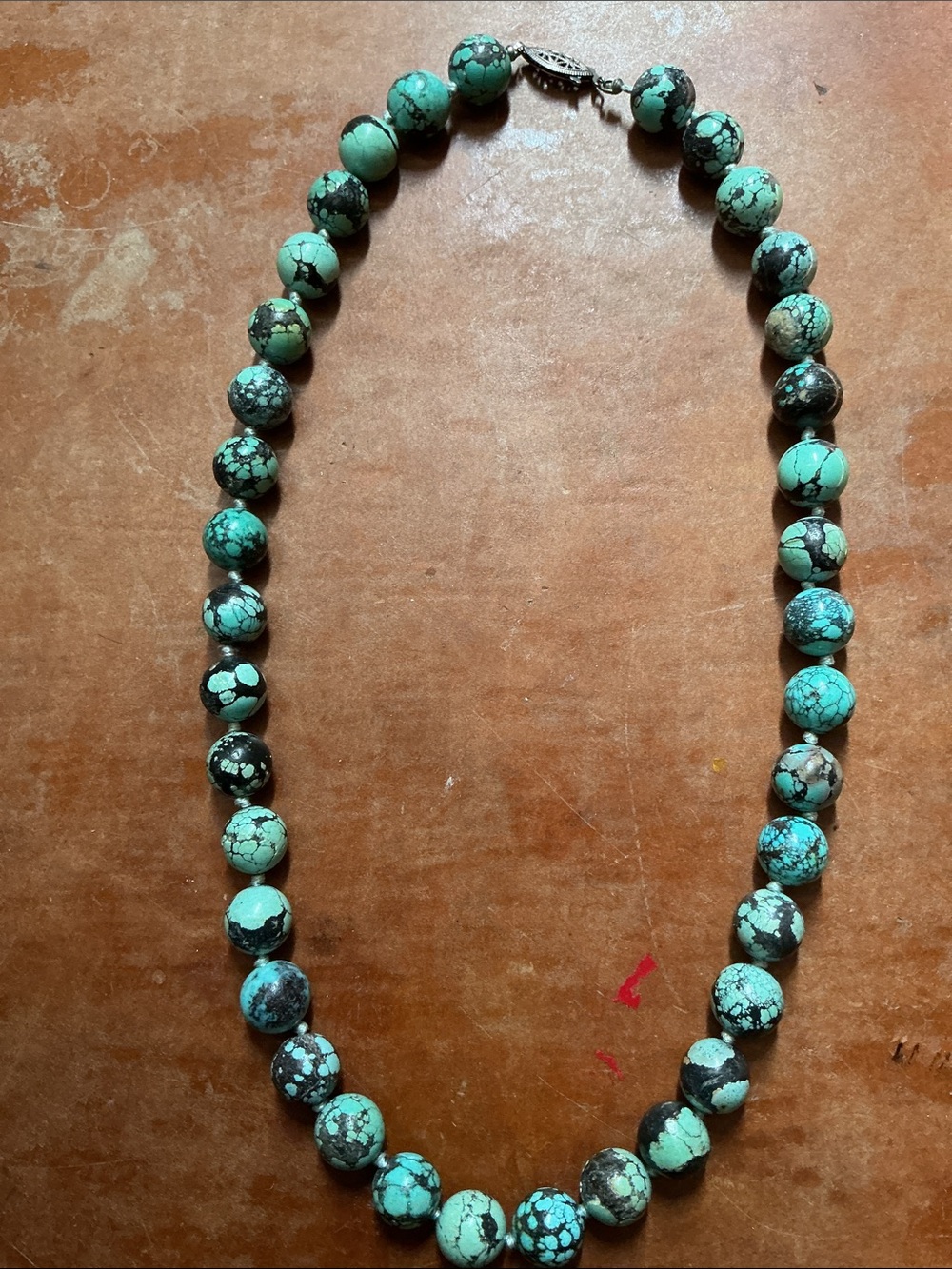 Genuine Turquoise Matrix Bead Necklace 22” Large 12mm Southwestern